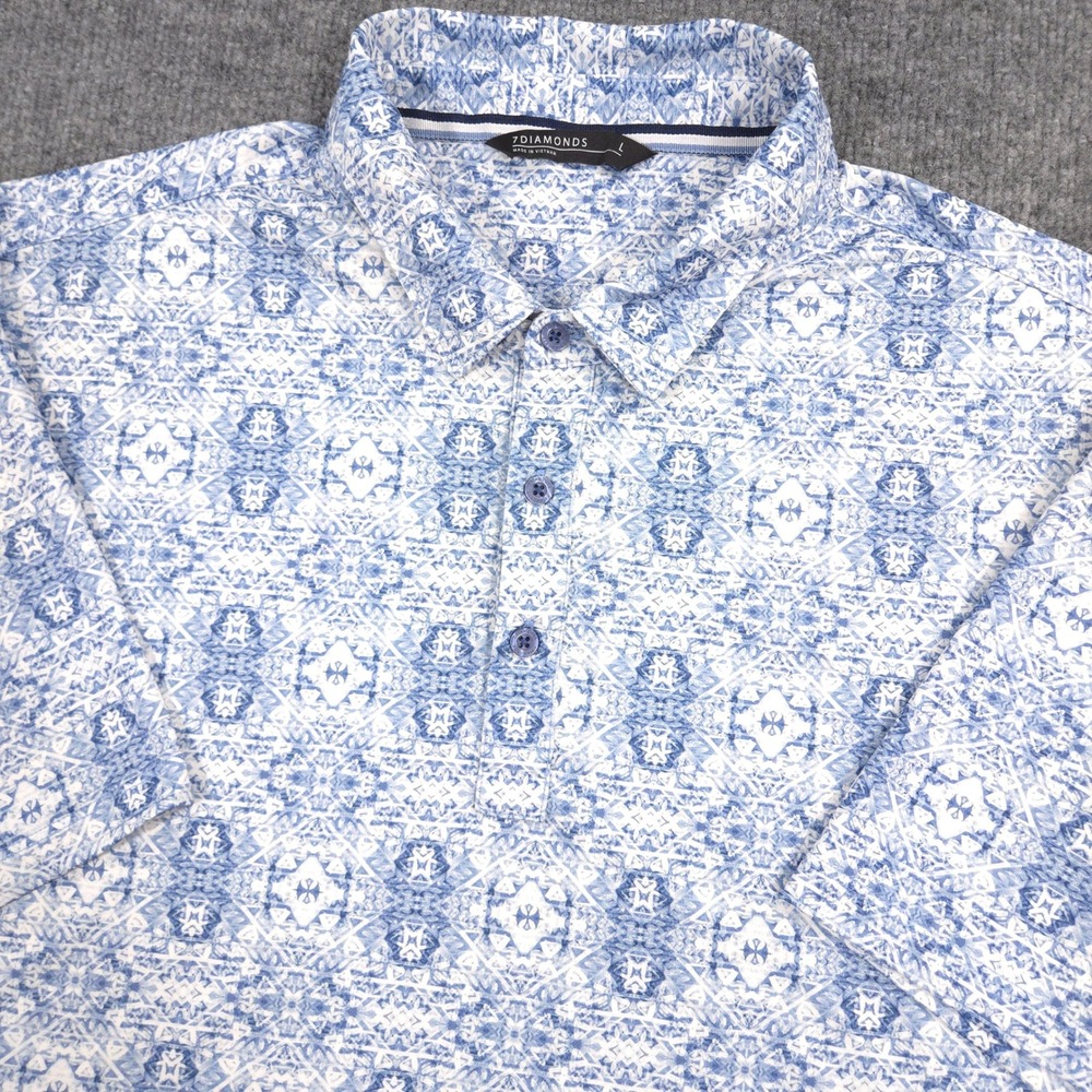 7 Diamonds Polo Shirt Mens L Blue Geometric Epic 4-Way Stretch Performance Golf